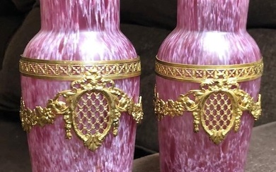 Antique Pair of Art Glass Vases w/ Ormolu Bronzes H: 6.3"