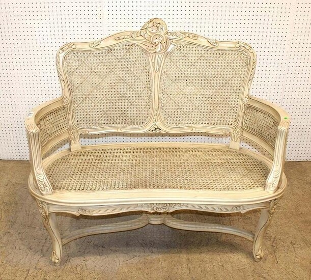 Antique style wicker carved paint decorated settee