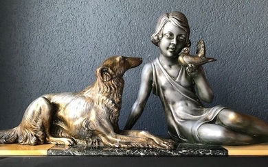 Armand Godard - Art Deco statue - Female figure with Barzoi dog