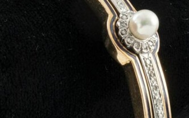 Art Deco 14K Gold, Diamond, Pearl Enamel Bracelet