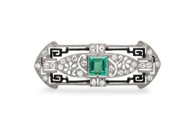 Art Deco, Emerald, Diamond and Enamel Brooch