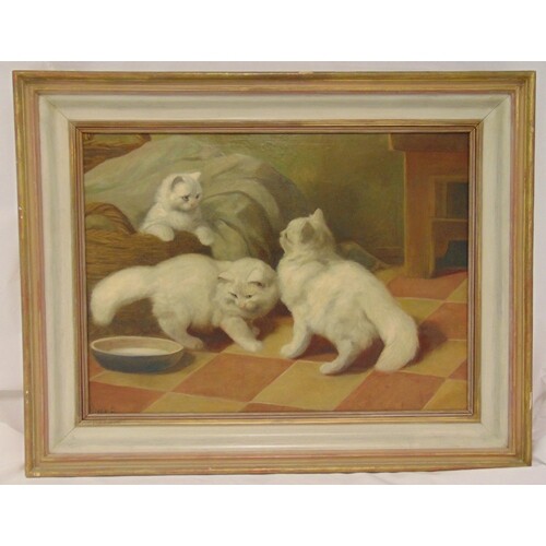 Arthur Heyer framed oil on canvas of three white kittens pla...