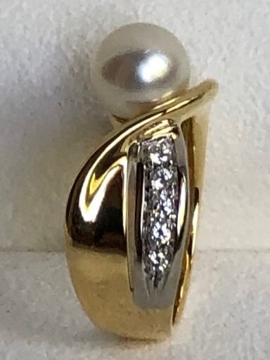 Asayo - 18 kt. Akoya pearl, Gold, 8.00 mm - Ring - Diamonds