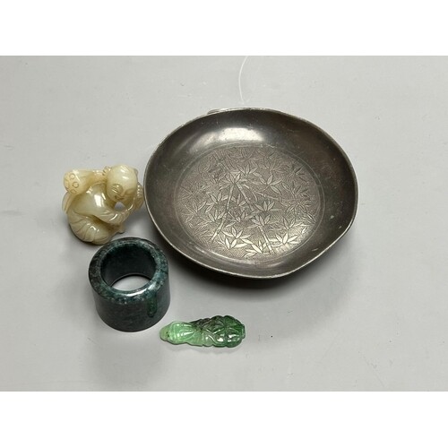 Assorted Chinese items including a jade figure, a jadeite pe...