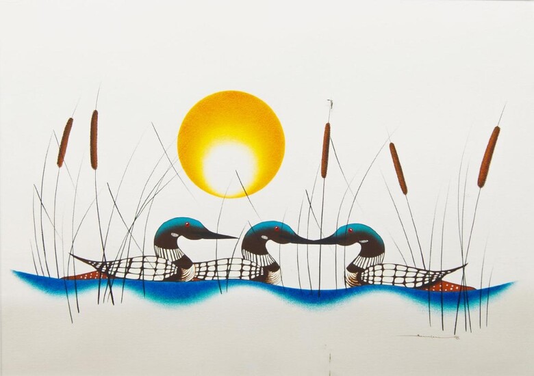 Attributed to Sinclair Sabourin, Ojibwa, mid-late 20th century- Three loons; acrylic on paper, signed and dated 98 in pen and brown ink, 51.5 x 73 cm