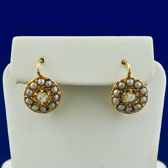 Authentic Antique"Dormeuse" - 18 kt. Yellow gold - Earrings Pearl - Diamond