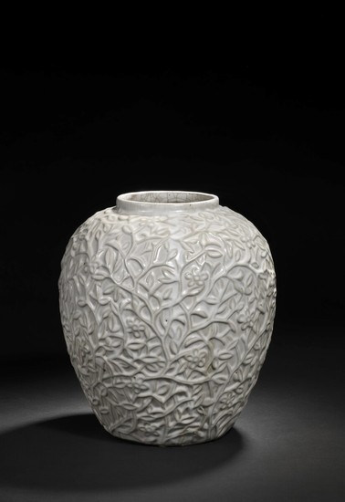 Axel Salto: Stoneware jar modelled with branches, fruits and leaves. Decorated with greyish white glaze. Signed Salto. H. 30 cm.
