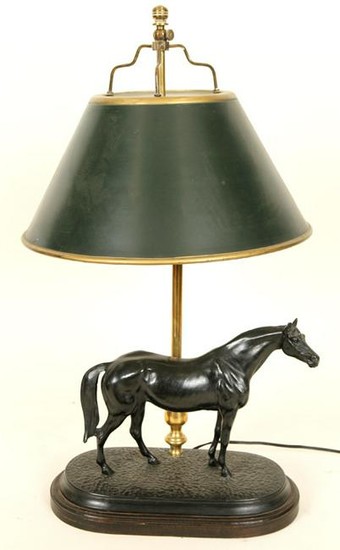 BRONZE TABLE LAMP METAL TOLE SHADE HORSE FIGURE