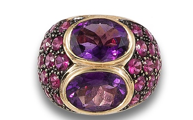 BYPASS RING OF AMETHYST AND RUBY, IN YELLOW GOLD