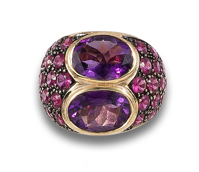 BYPASS RING OF AMETHYST AND RUBY, IN YELLOW GOLD