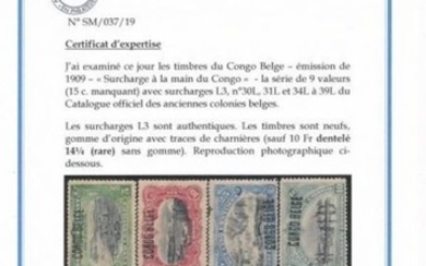 Belgian Congo 1909 - Mols issue with local overprint ‘3’ and certificate Luc Vander Marcken - OBP / COB 30/39 L3