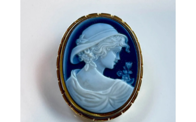 Big Blue Agate Cameo set in 14K Yellow Gold; Lady with hat