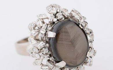 Black Star Sapphire, Diamond, 14k White Gold Ring.