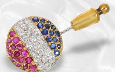 Brooch/pin: vintage goldsmith's work, sapphire, ruby and brilliant-cut diamonds, Hofjuwelier Wilm