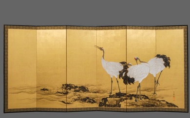 Byōbu folding screen - Gold leaf, Lacquered wood, Silk - Japan