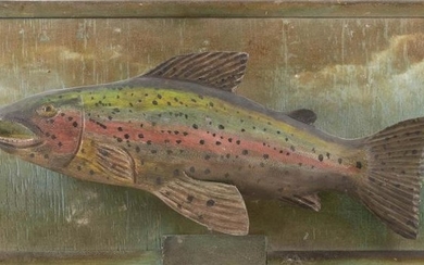 CARVED RAINBOW TROUT PLAQUE Trout mounted on plaque painted with lakeshore scene. Signed and dated lower left "D. Phillips 25". Heig...