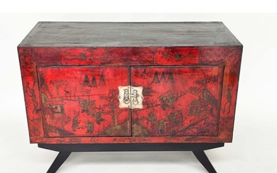 CHINESE CABINET ON STAND, 19th century scarlet lacquered and...