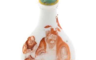 CHINESE FAMILLE ROSE PORCELAIN SNUFF BOTTLE Late 19th Century Height 3". Rock crystal stopper.