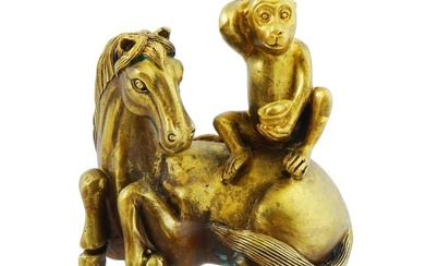 CHINESE HORSE MONKEY BRONZE GOOD LUCK FIGURAL GROUP