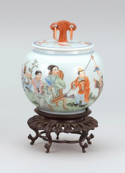 CHINESE POLYCHROME PORCELAIN COVERED JAR With figural landscape decoration. Cover with ruyi-form finial set with loose rings. Six-ch...