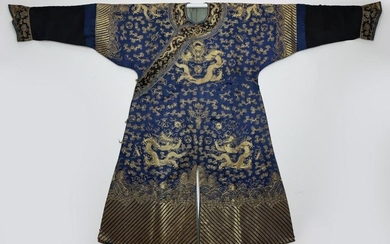 Qing Dyn. Blue-Ground Gold-Couched Silk Dragon Robe