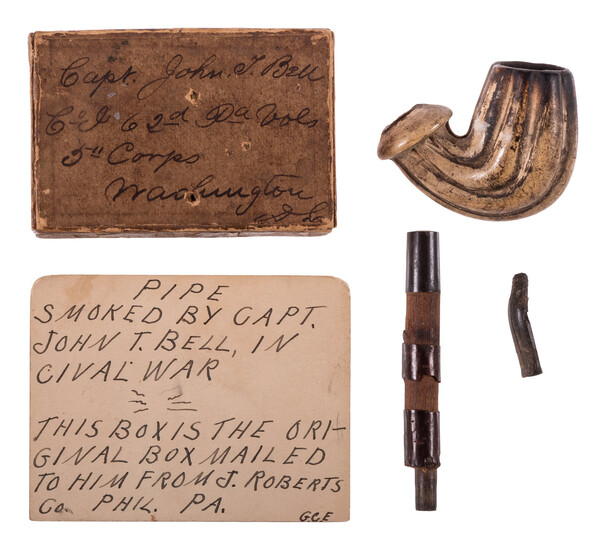 Captain John T. Bell, Company I, 62nd Pennsylvania Infantry Regiment. Clay pipe in original shipping box.