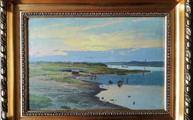 SOLD. Carl Milton Jensen: "Solopgang over Mariager fjord". Signed MJ. Oil on canvas. Visible size 27 x 40 cm. Frame size 40 x 55 cm. Framed. – Bruun Rasmussen Auctioneers of Fine Art