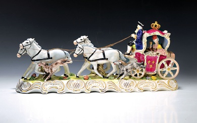 Carriage, Dresden style, mid-20th century, porcelain, four-horse carriage, with lady...
