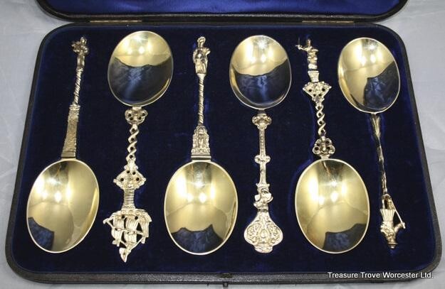 Cased Set of Six Silver Gilt Apostle Serving Spoons