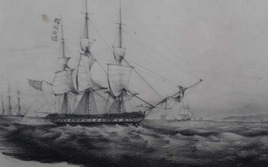 Charles Bentley (1806-1854) pencil drawing - shipping off the coast, initialled and dated April 2nd 1833, in glazed frame, 24cm x 41cm