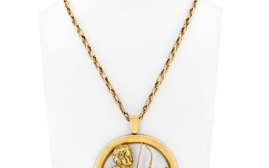 Chaumet 18K Yellow Gold Sagittarius Zodiac Oversized Round Pendant On A Chain Necklace