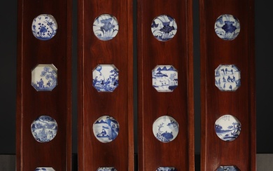 China - Suite of four panels decorated with sixteen blue-white...