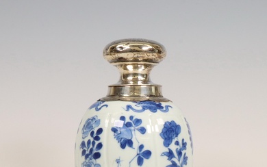 China, a silver-mounted blue and white porcelain tea-caddy, Kangxi (1662-1722), the silver later