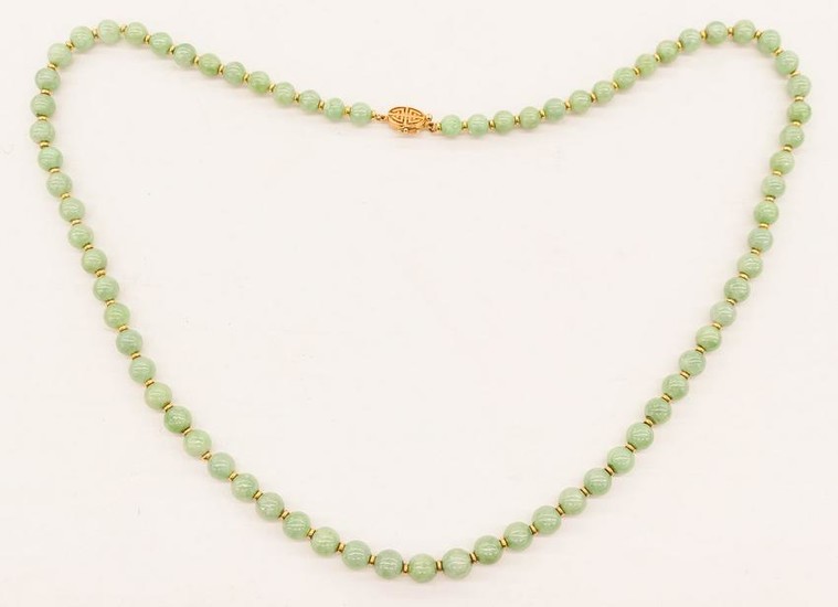 Chinese 14k Jade Bead Necklace 26''. A strand of