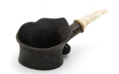 Chinese Bronze Silk Iron with Hand Carved Elder Handle, Ca. 1920, H 3.25" W 5.25" L 9.5"