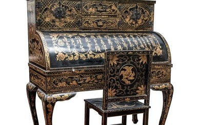 Chinese Export Gilt Black Lacquer Cylinder Roll Desk and Chair, LATE 19TH OR EARLY 20TH CENTURY