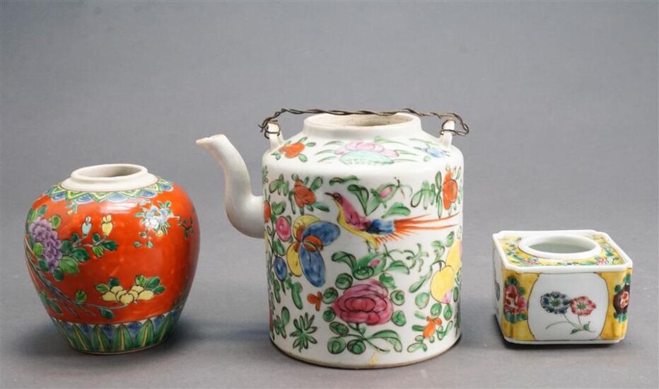 Chinese Famille Rose Enamel Decorated Porcelain Teapot (no lid), Tea Caddy (no lid) and Brush Pot