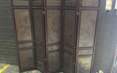 Chinese Five Panel Laquered Screen (originally probably a set of eight), the silvered panels painted with court figures in garden se...
