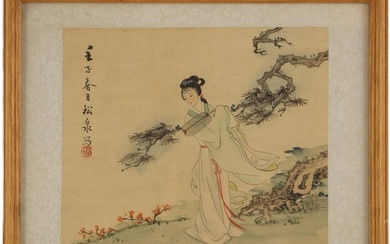 Chinese School (20th century), Gouache on silk, A lady hol...