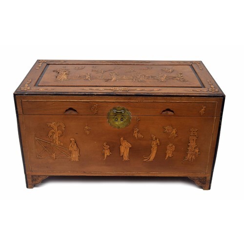 Chinese camphorwood chest, decorated with applied figures in...