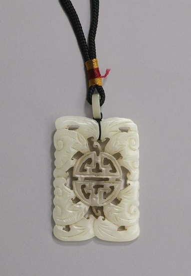 Chinese celadon jade pendant w/ Shou and bats, 2.25"h
