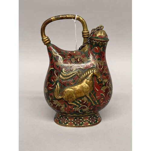 Chinese cloisonné and gilt metal Mongolian market wine vesse...