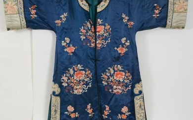 Chinese late 19th century blue ground embroidered silk