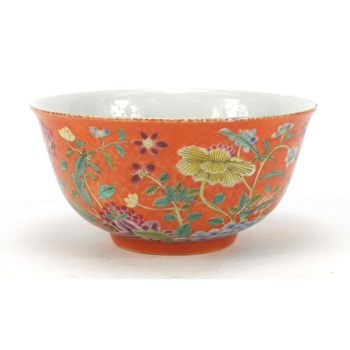 Chinese porcelain orange ground bowl, hand painted in the fa...