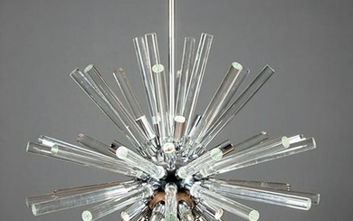 Chromed Metal and Glass Rod Starburst Chandelier