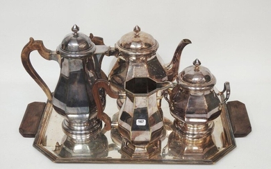 Coffee and tea set in silver-plated metal, flat-ribbon design with wooden handles, consisting of two pourers, sugar bowl, creamer and tray