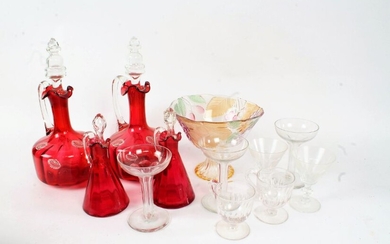 Collection of 19th century and later glassware, to include two cranberry glass decanters and two oil