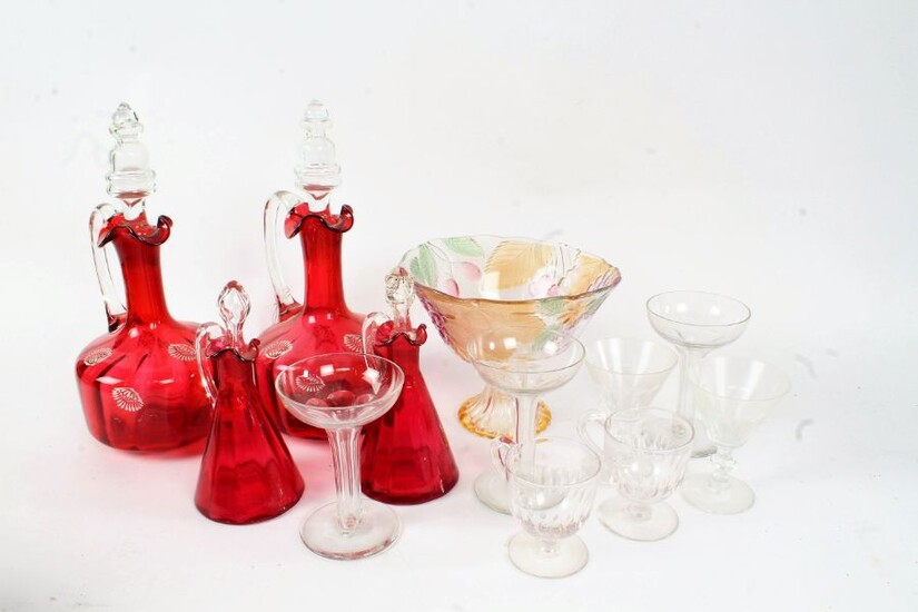 Collection of 19th century and later glassware, to include two cranberry glass decanters and two oil