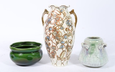 Collection of 3 Asian ceramic vessels: green art pottery planter, double handled crackle glazed pot