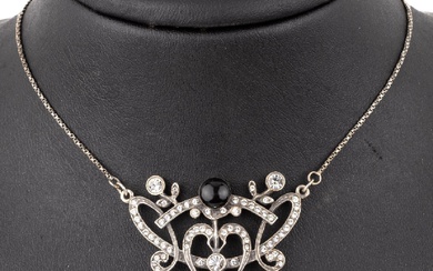 Collier d'onyx et de strass, argent 925, style Art Nouveau, partie centrale incurvée, avec strass...